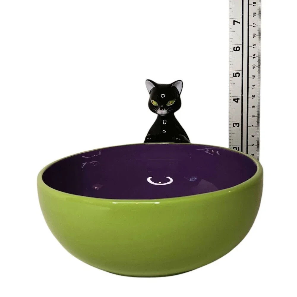 Halloween Black Cat Purple & Green Ceramic Candy Bowl By Harry & David VTG 2005